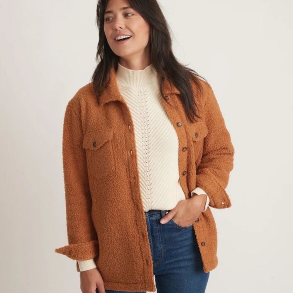 NEW Marine Layer Eden Overshirt Cozy Sherpa Teddy Jacket in Cashew Brown